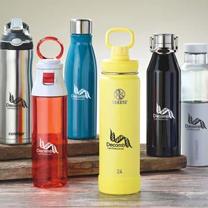 Drinkware promotional products that include a cork bottom mug, travel tumbler and vacuum tumbler